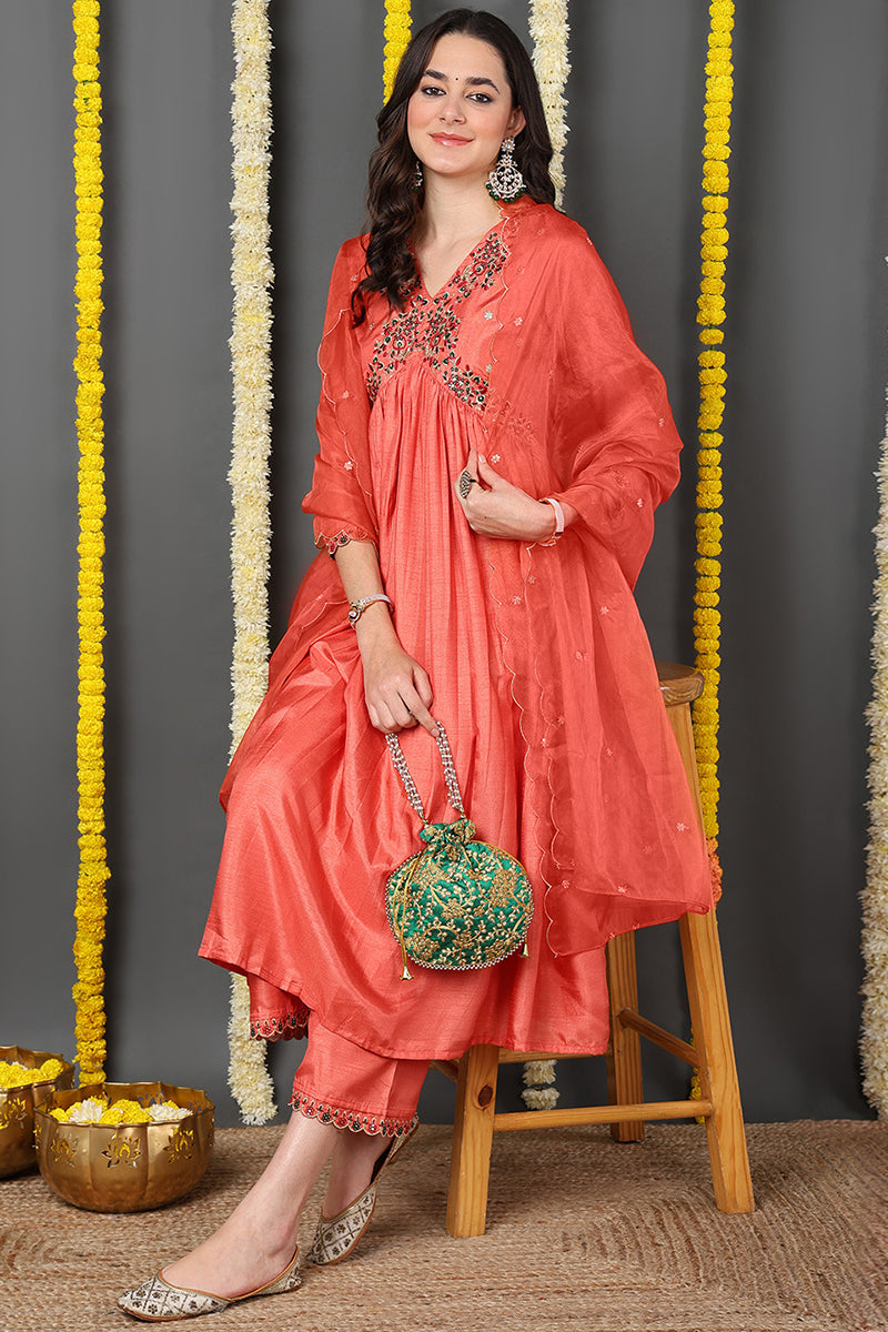 Orange Silk Blend Solid Embroidered Flared Suit Set PKSKD2145