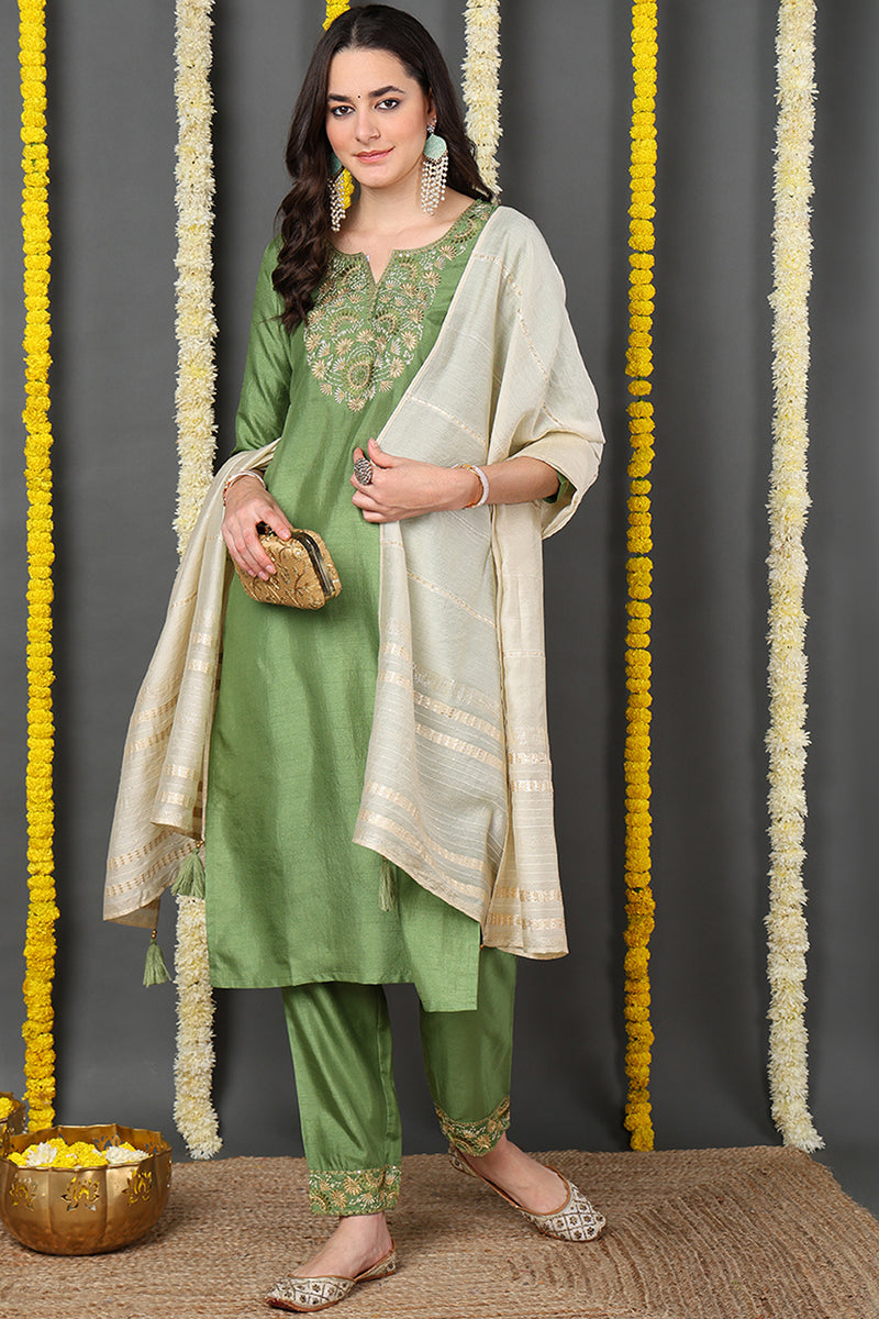 Green Silk Blend Solid Embroidered Straight Suit Set PKSKD2154