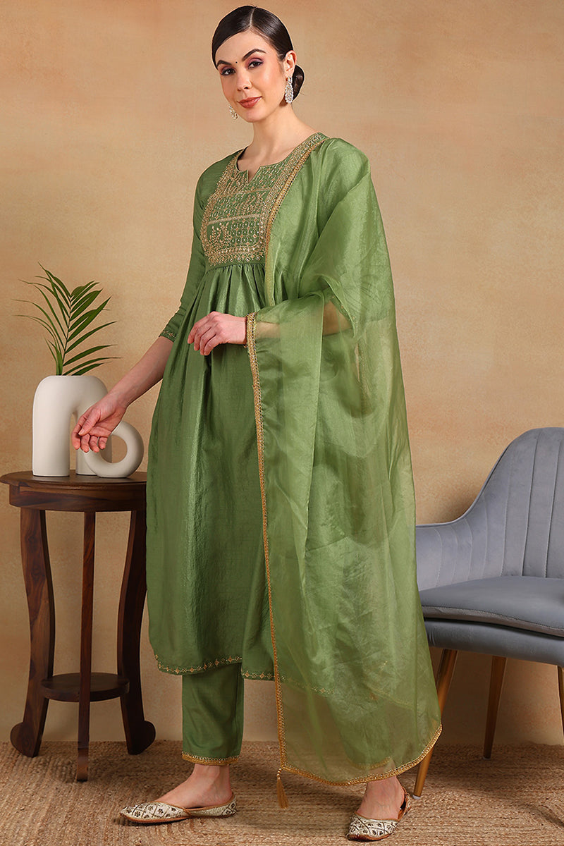 Green Silk Blend Solid Yoke Design Flared Empire Suit Set PKSKD2157