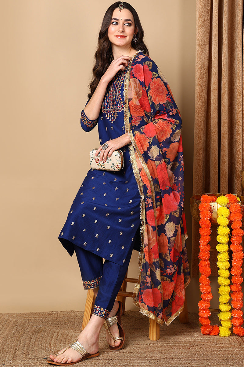 Navy Blue Silk Blend Solid Embroidered Straight Suit Set PKSKD2162