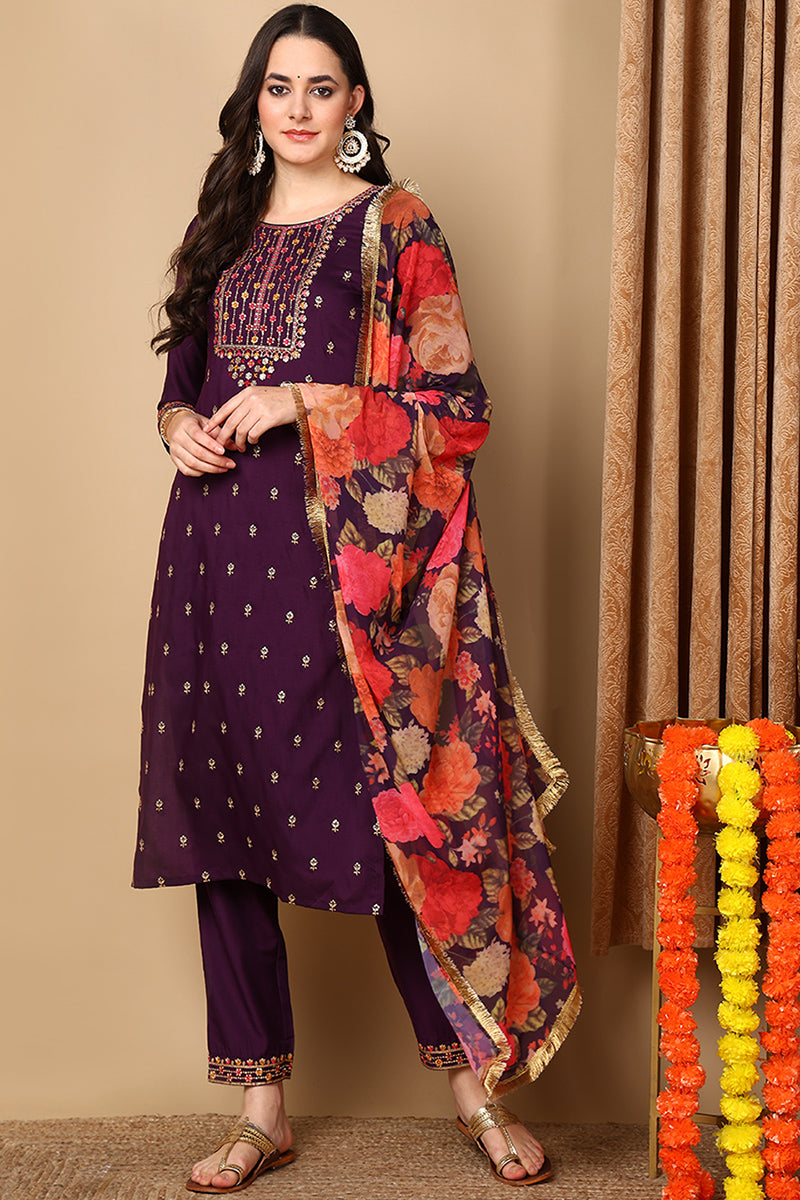 Purple Silk Blend Solid Embroidered Straight Suit Set PKSKD2163