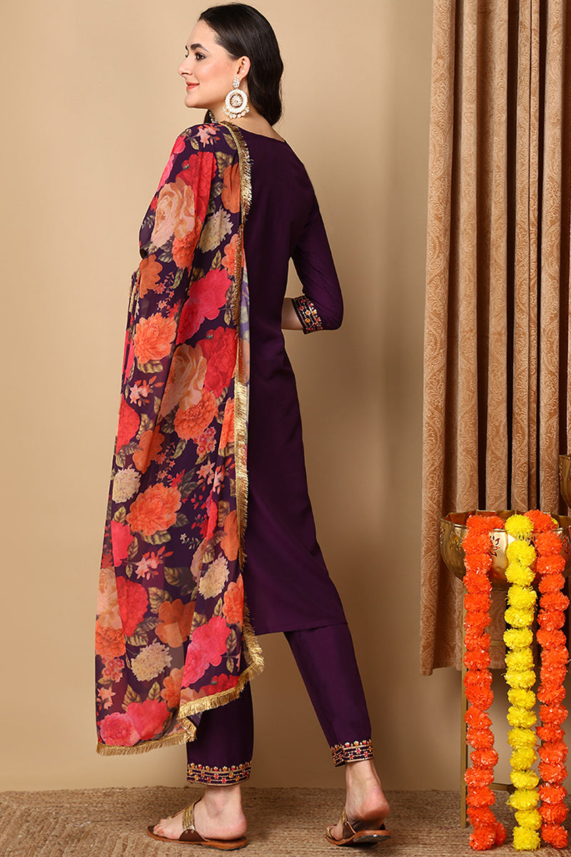 Purple Silk Blend Solid Embroidered Straight Suit Set PKSKD2163