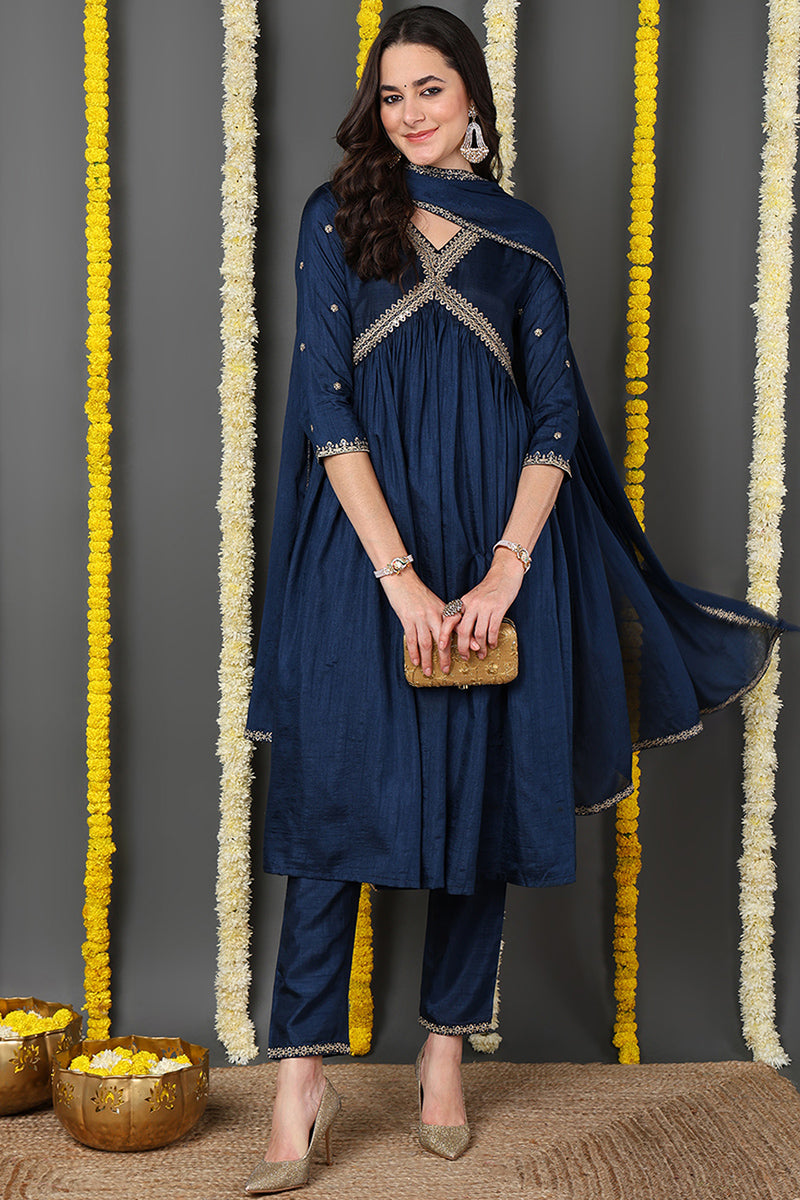 Navy Blue Silk Blend Solid Embroidered Flared Suit Set PKSKD2165