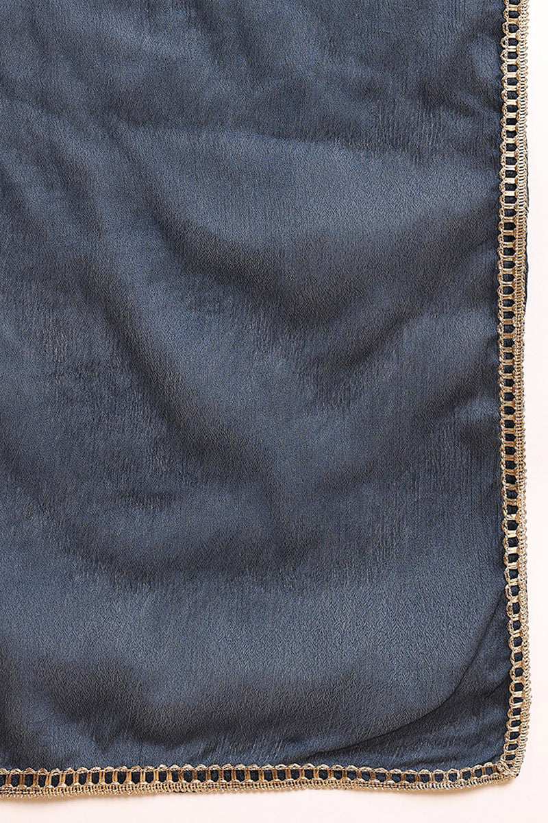 Blue Silk Blend Solid Embroidered Straight Suit Set PKSKD2176