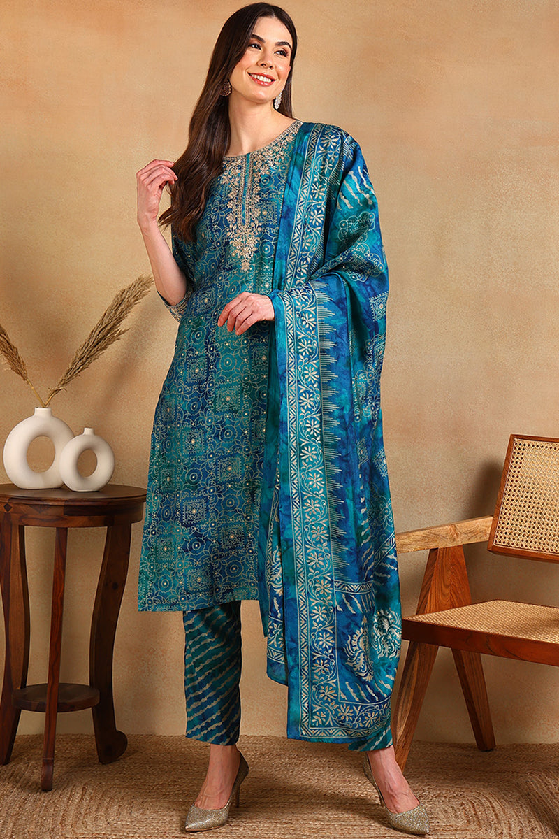 Teal Silk Blend Ethnic Motifs Printed Straight Suit Set PKSKD2200