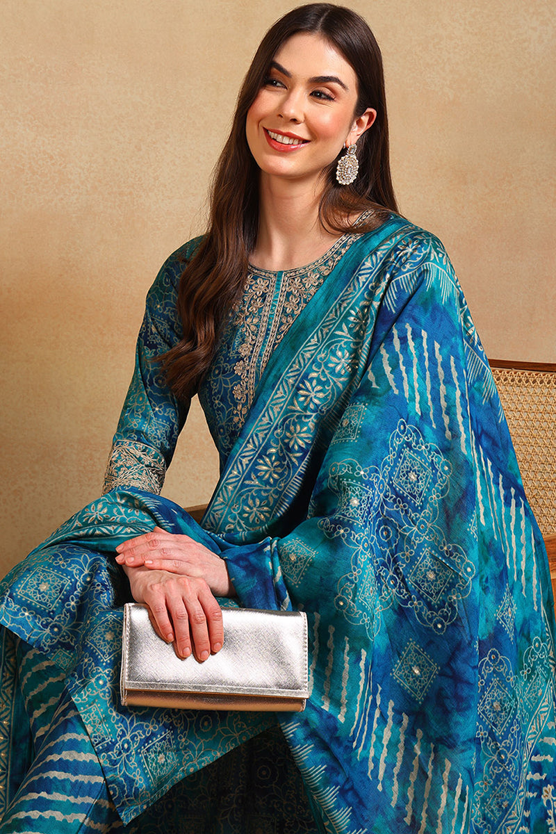 Teal Silk Blend Ethnic Motifs Printed Straight Suit Set PKSKD2200