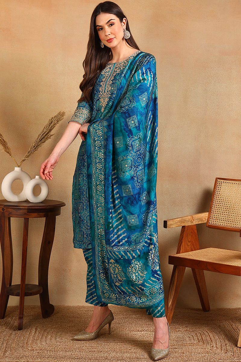 Teal Silk Blend Ethnic Motifs Printed Straight Suit Set PKSKD2200