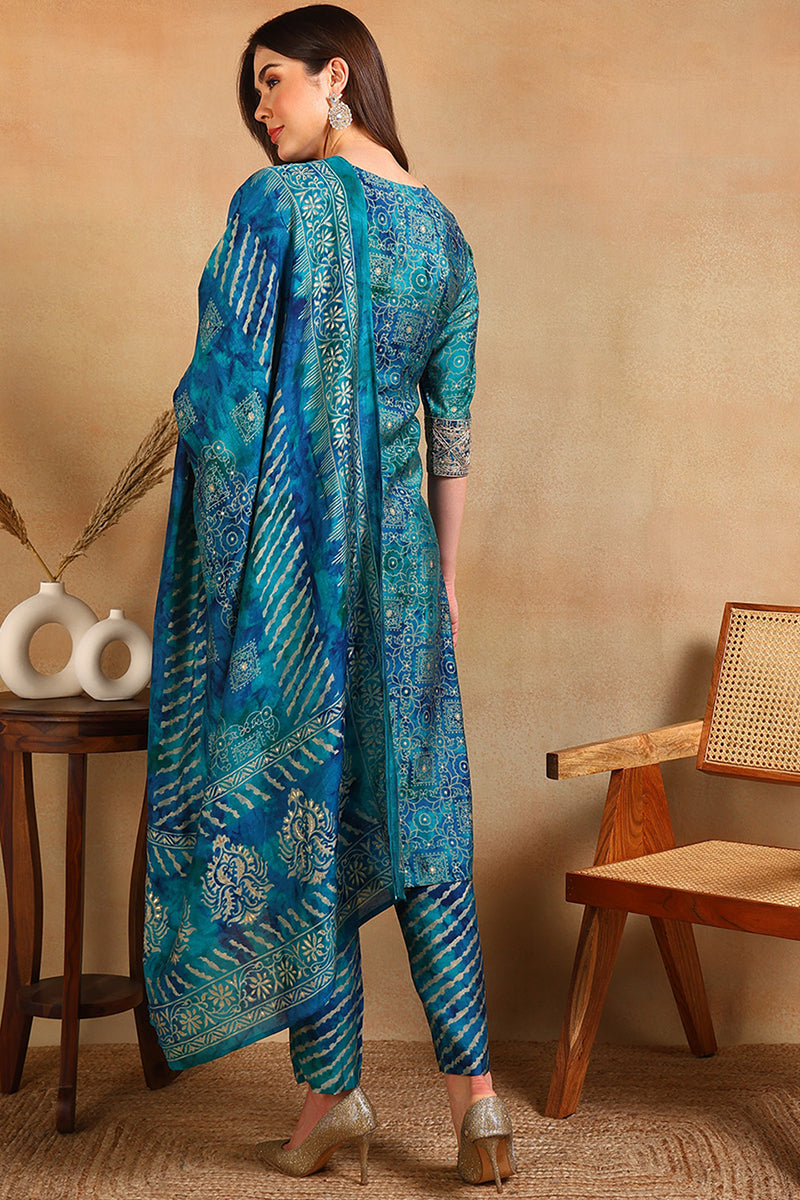 Teal Silk Blend Ethnic Motifs Printed Straight Suit Set PKSKD2200