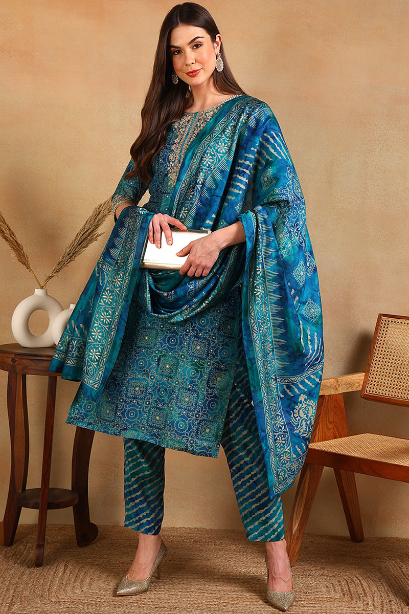 Teal Silk Blend Ethnic Motifs Printed Straight Suit Set PKSKD2200