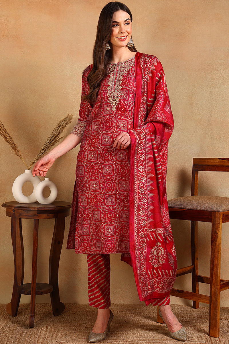 Maroon Silk Blend Ethnic Motifs Printed Straight Suit Set PKSKD2201