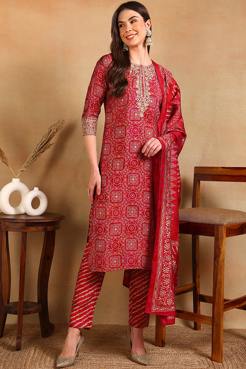Maroon Silk Blend Ethnic Motifs Printed Straight Suit Set PKSKD2201