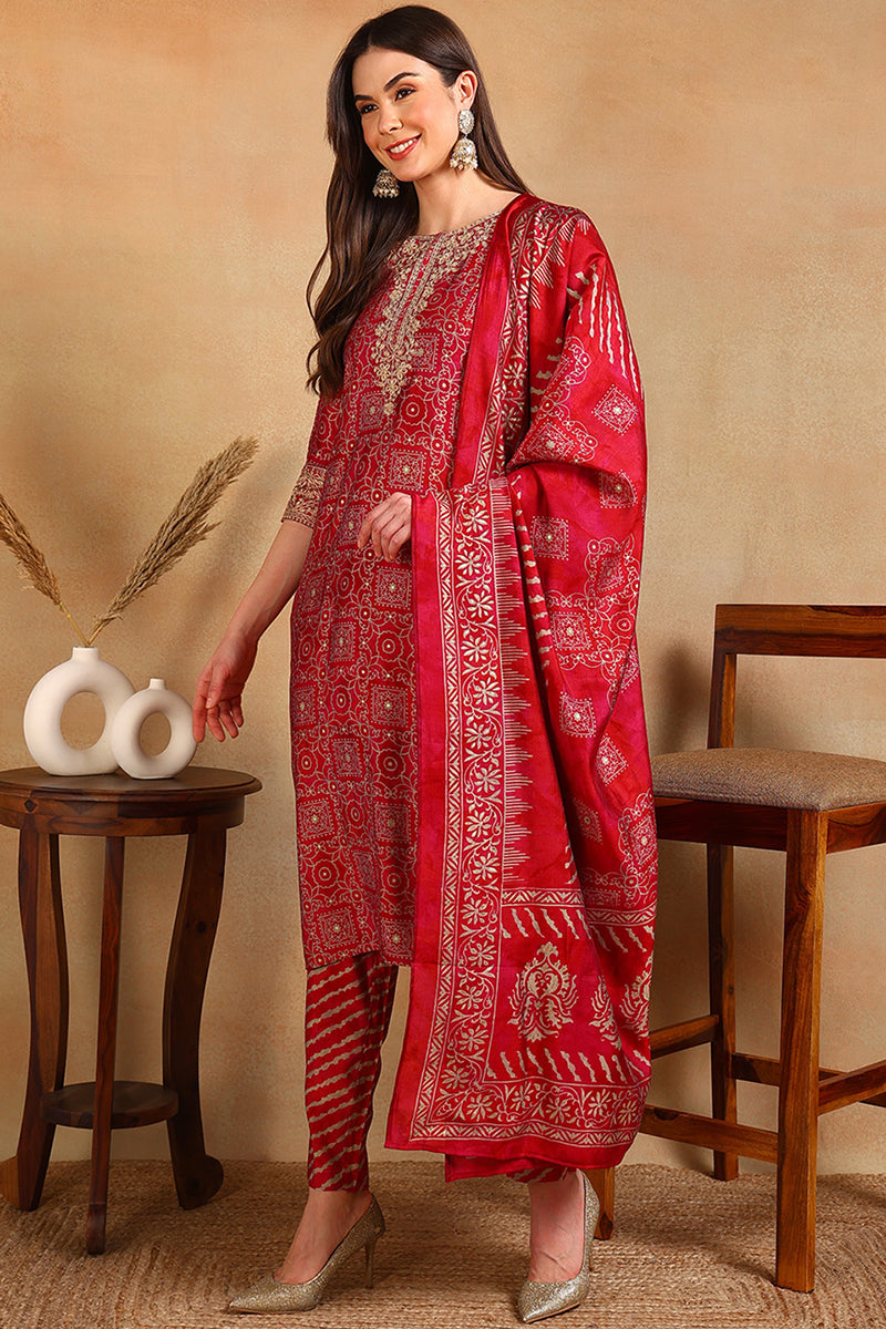 Maroon Silk Blend Ethnic Motifs Printed Straight Suit Set PKSKD2201
