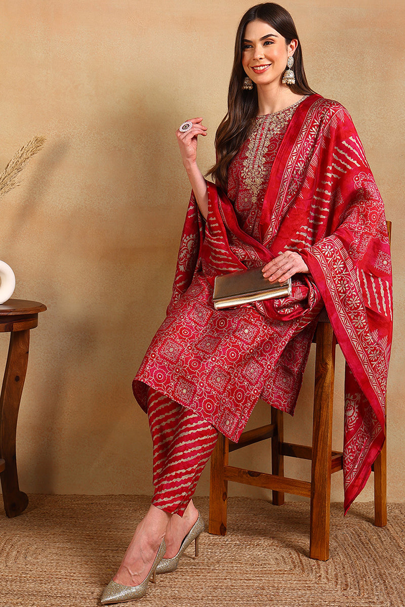 Maroon Silk Blend Ethnic Motifs Printed Straight Suit Set PKSKD2201