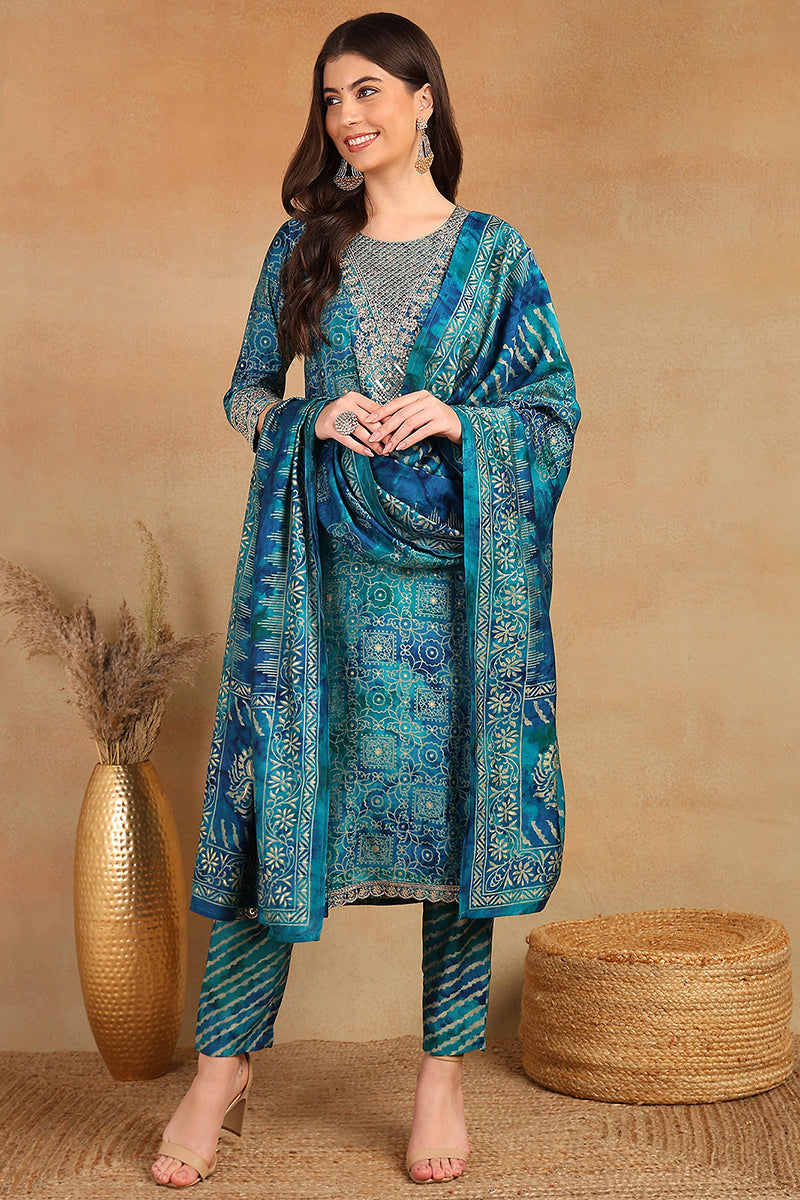 Teal Silk Blend Ethnic Motifs Printed Straight Suit Set PKSKD2203
