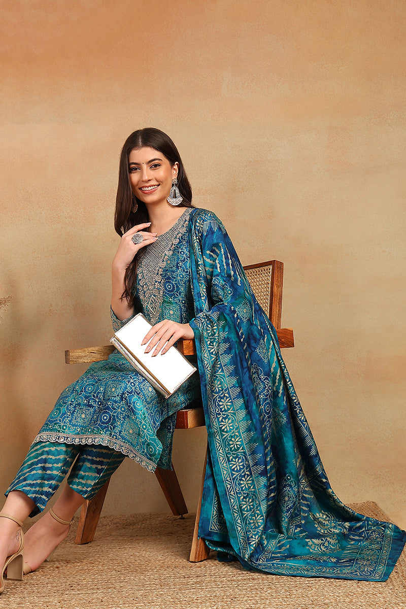 Teal Silk Blend Ethnic Motifs Printed Straight Suit Set PKSKD2203