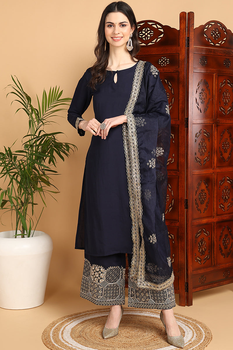Navy Blue Silk Blend Solid Embroidered Straight Suit Set PKSKD2249