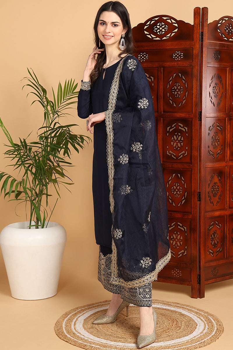 Navy Blue Silk Blend Solid Embroidered Straight Suit Set PKSKD2249