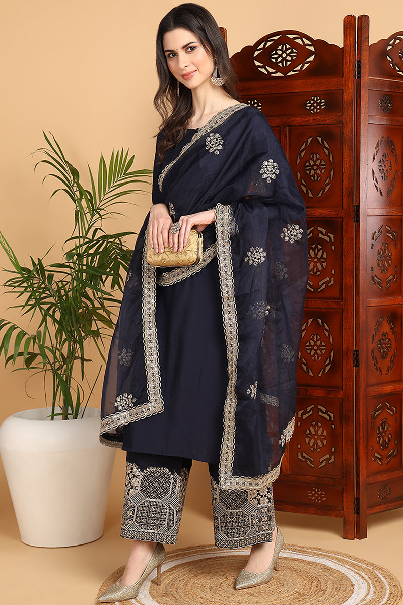Navy Blue Silk Blend Solid Embroidered Straight Suit Set PKSKD2249