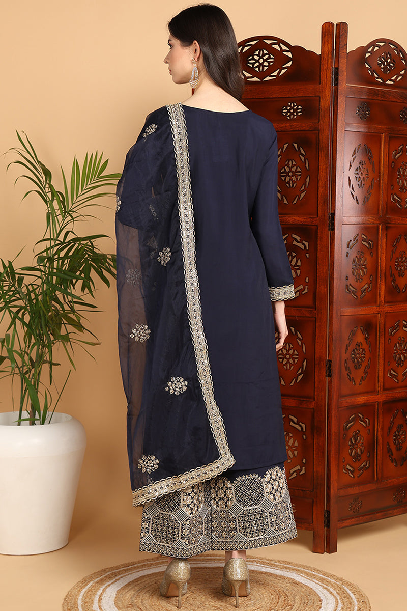 Navy Blue Silk Blend Solid Embroidered Straight Suit Set PKSKD2249