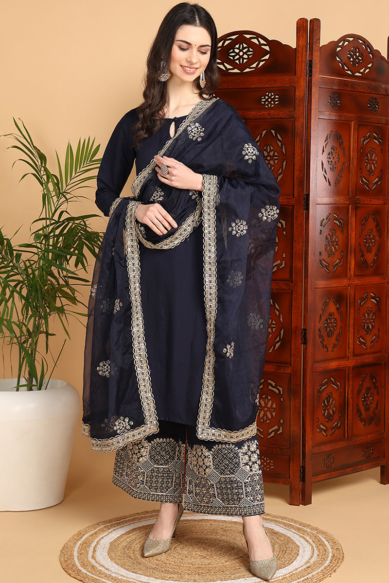 Navy Blue Silk Blend Solid Embroidered Straight Suit Set PKSKD2249