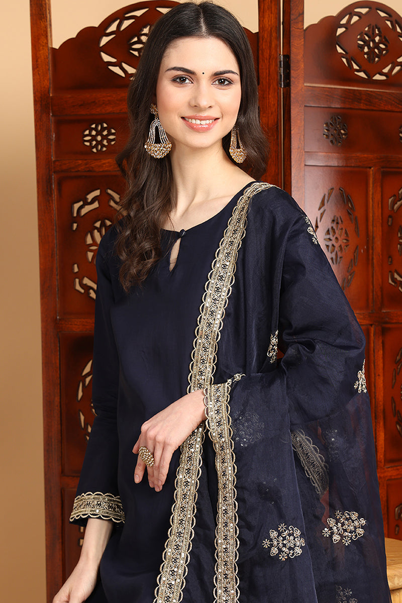 Navy Blue Silk Blend Solid Embroidered Straight Suit Set PKSKD2249