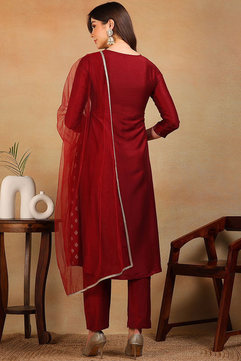 Maroon Silk Blend Solid Woven Design Flared Empire Suit Set PKSKD2295