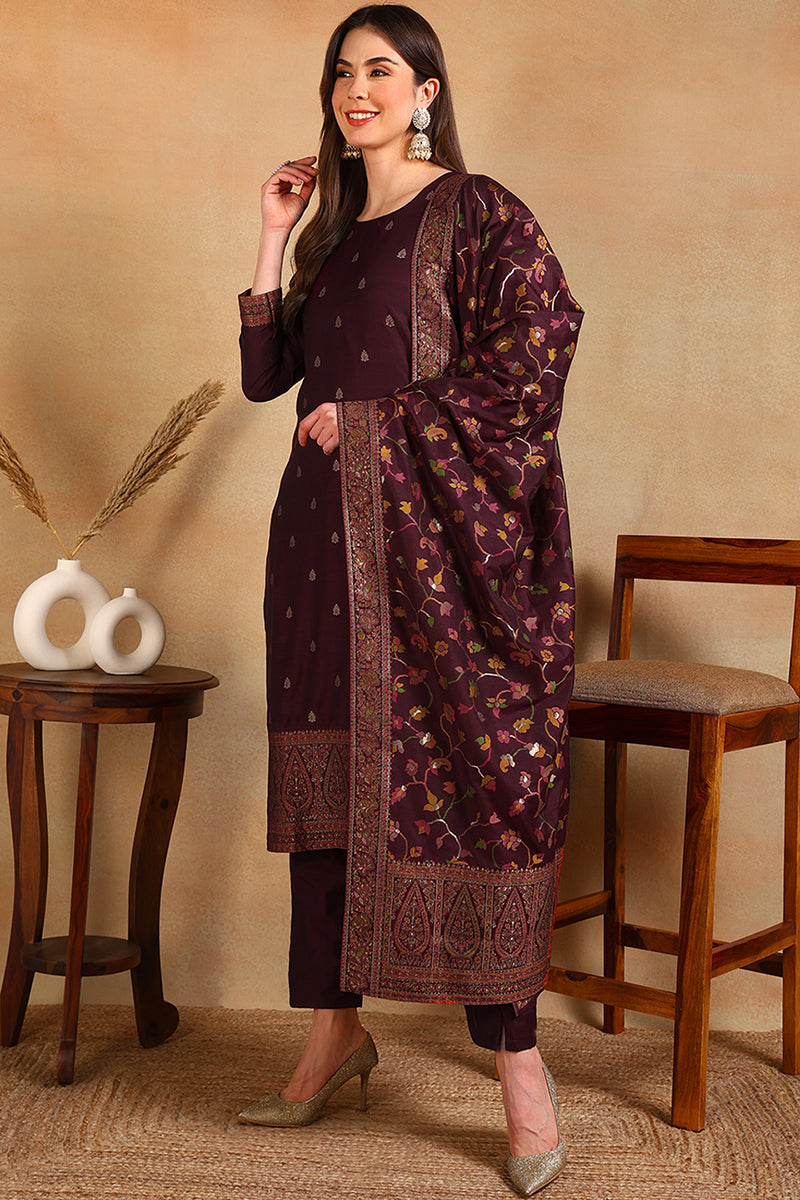 Burgundy Poly Chanderi Woven Design Straight Suit Set PKSKD2306