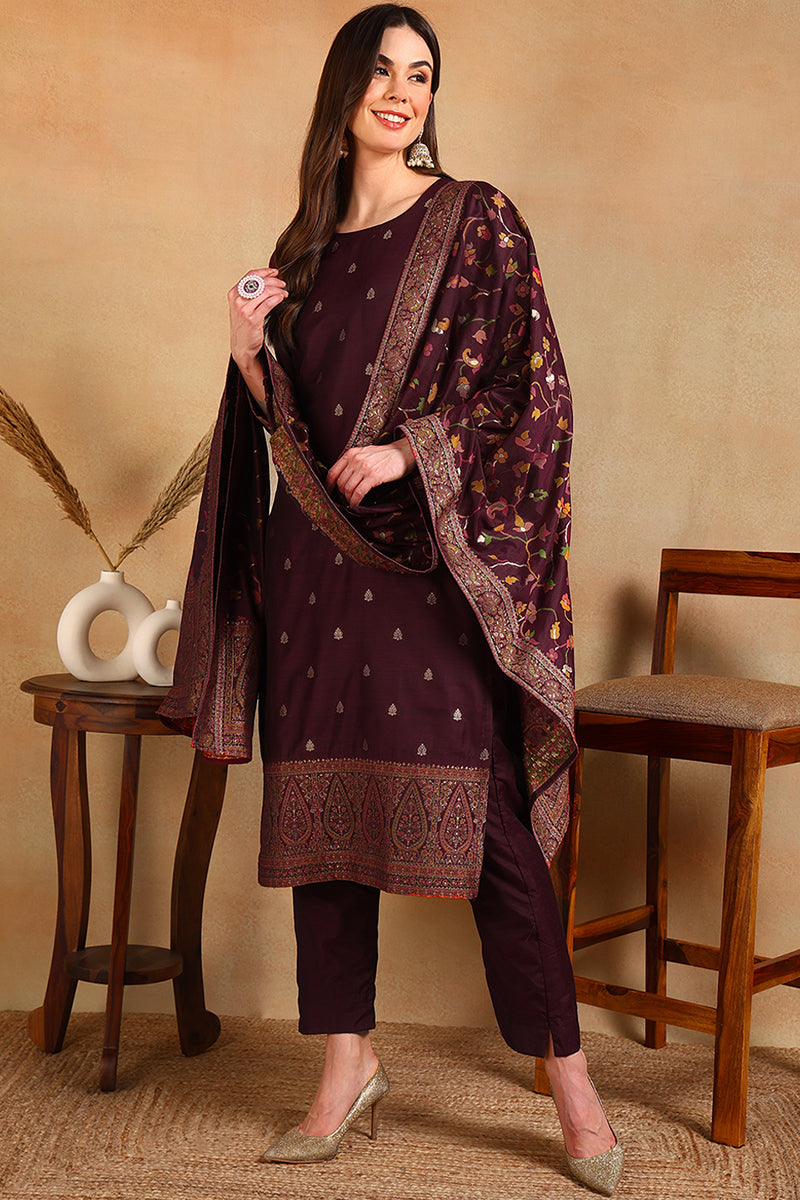 Burgundy Poly Chanderi Woven Design Straight Suit Set PKSKD2306