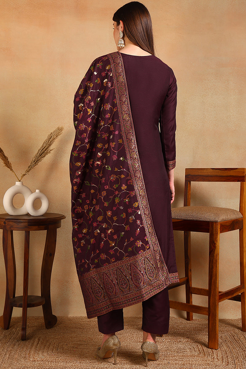 Burgundy Poly Chanderi Woven Design Straight Suit Set PKSKD2306