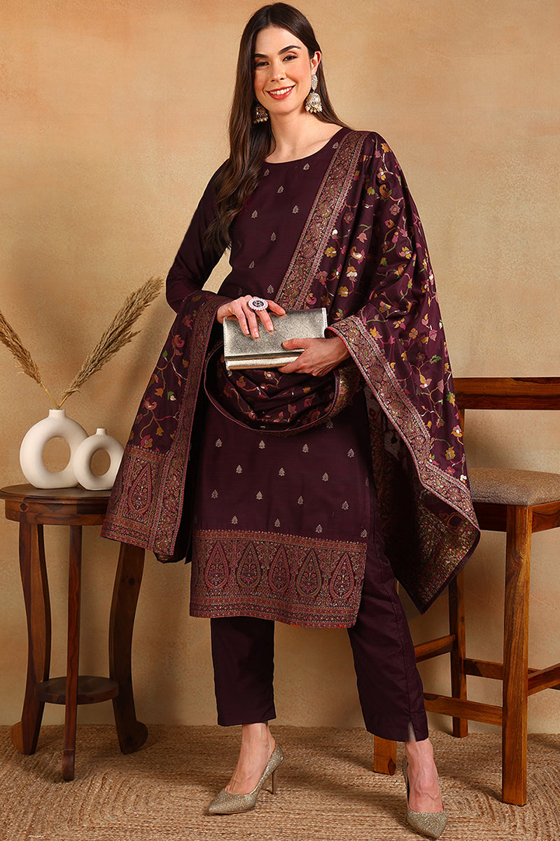 Burgundy Poly Chanderi Woven Design Straight Suit Set PKSKD2306