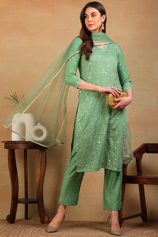 Green Silk Blend Solid Embroidered Straight Suit Set PKSKD2308