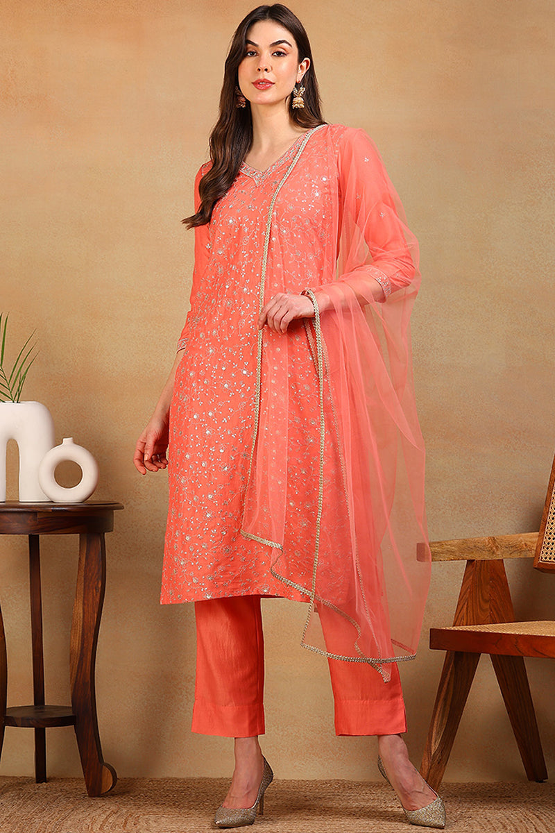 Coral Peach Silk Blend Solid Embroidered Straight Regular Suit Set PKSKD2309