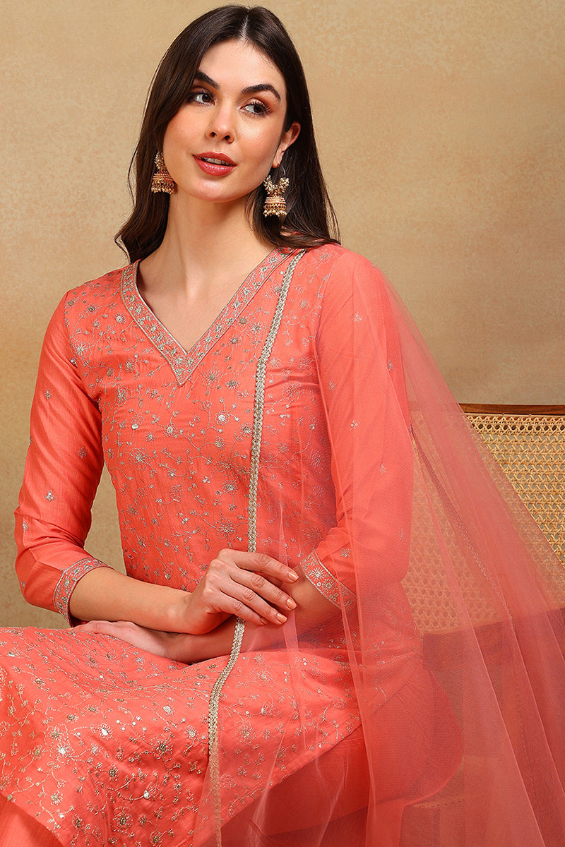 Coral Peach Silk Blend Solid Embroidered Straight Regular Suit Set PKSKD2309