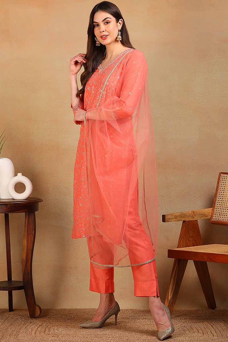 Coral Peach Silk Blend Solid Embroidered Straight Regular Suit Set PKSKD2309