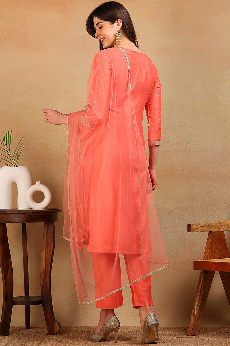 Coral Peach Silk Blend Solid Embroidered Straight Regular Suit Set PKSKD2309