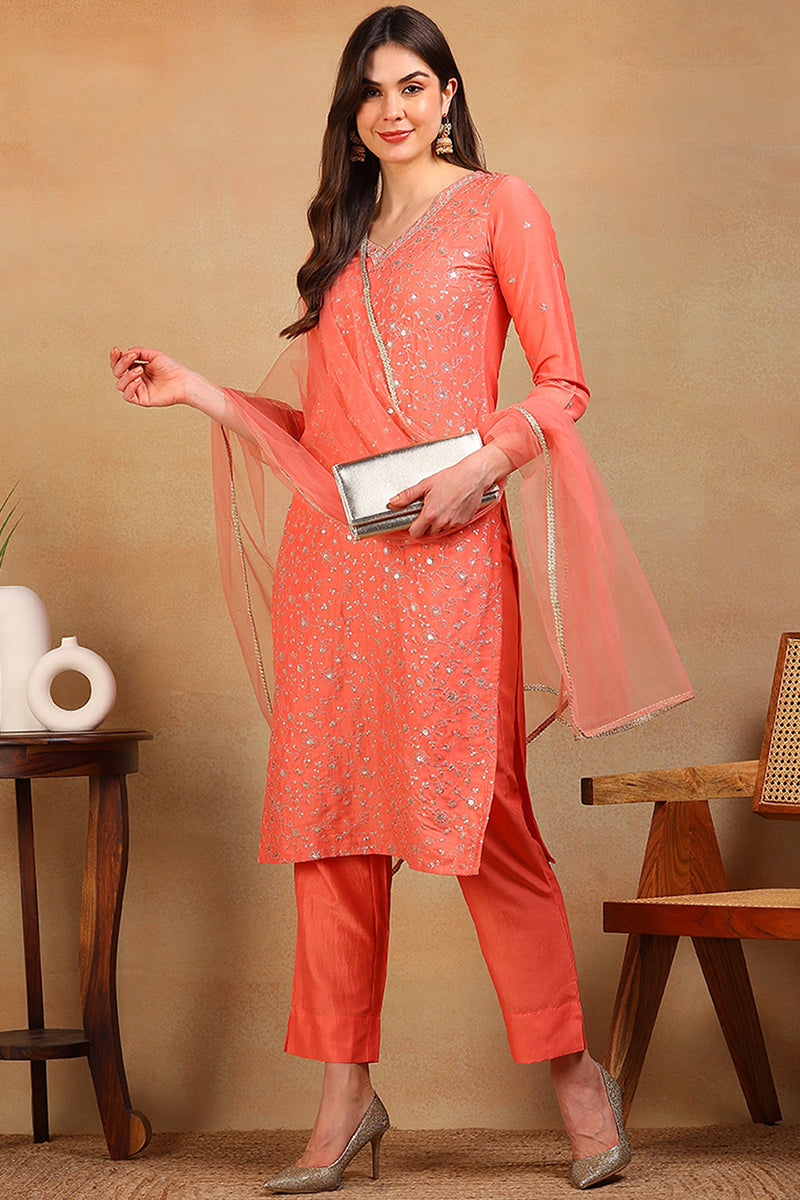 Coral Peach Silk Blend Solid Embroidered Straight Regular Suit Set PKSKD2309