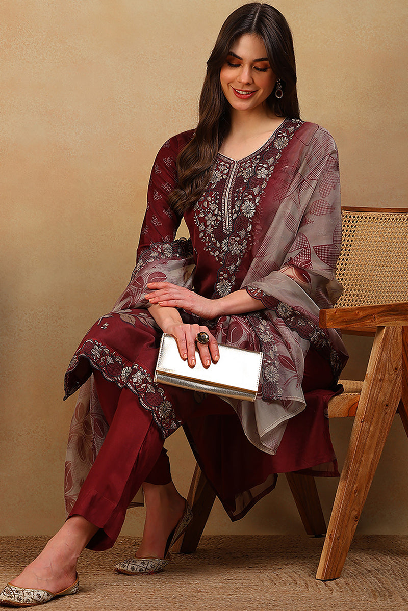 Rust Red Organza Floral Embroidered Straight Suit Set PKSKD2318