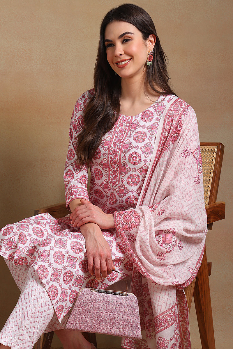 Off White Rayon Blend Printed Straight Suit Set PKSKD2327
