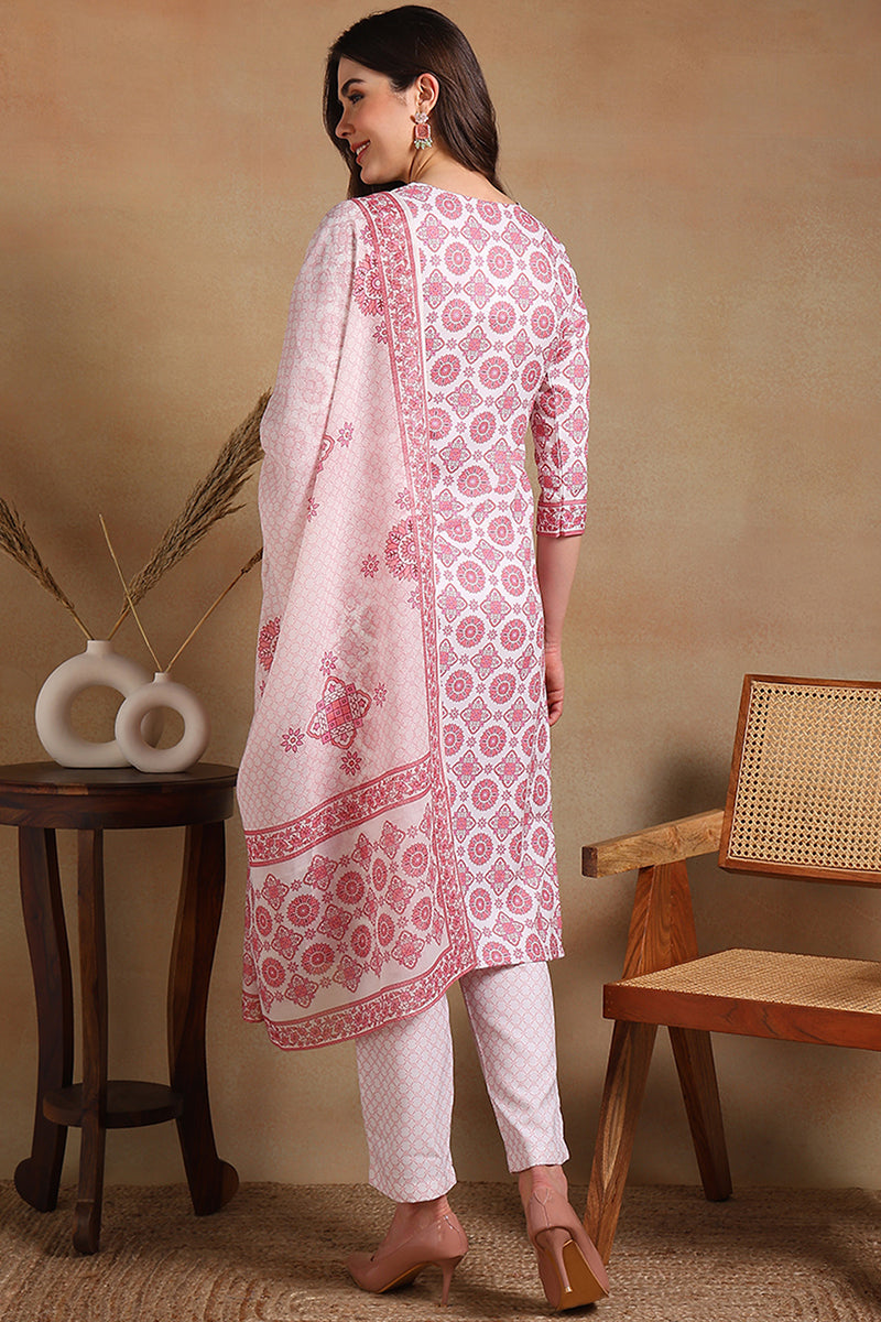 Off White Rayon Blend Printed Straight Suit Set PKSKD2327