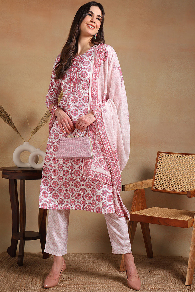 Off White Rayon Blend Printed Straight Suit Set PKSKD2327