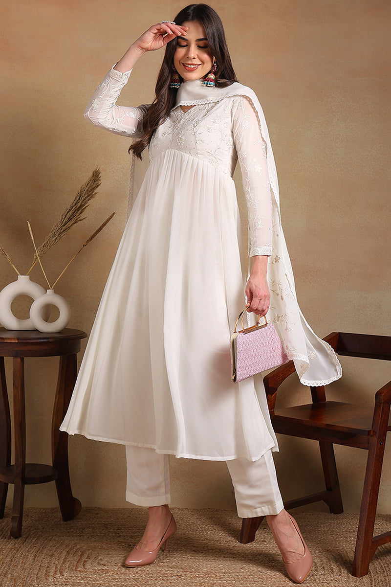 Off White Poly Georgette Embroidered A-Line Suit Set PKSKD2337