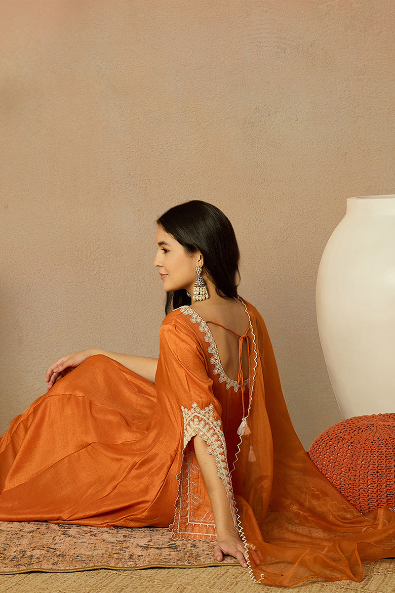 Orange Silk Blend Solid Embroidered Flared Suit Set PKSKD2364