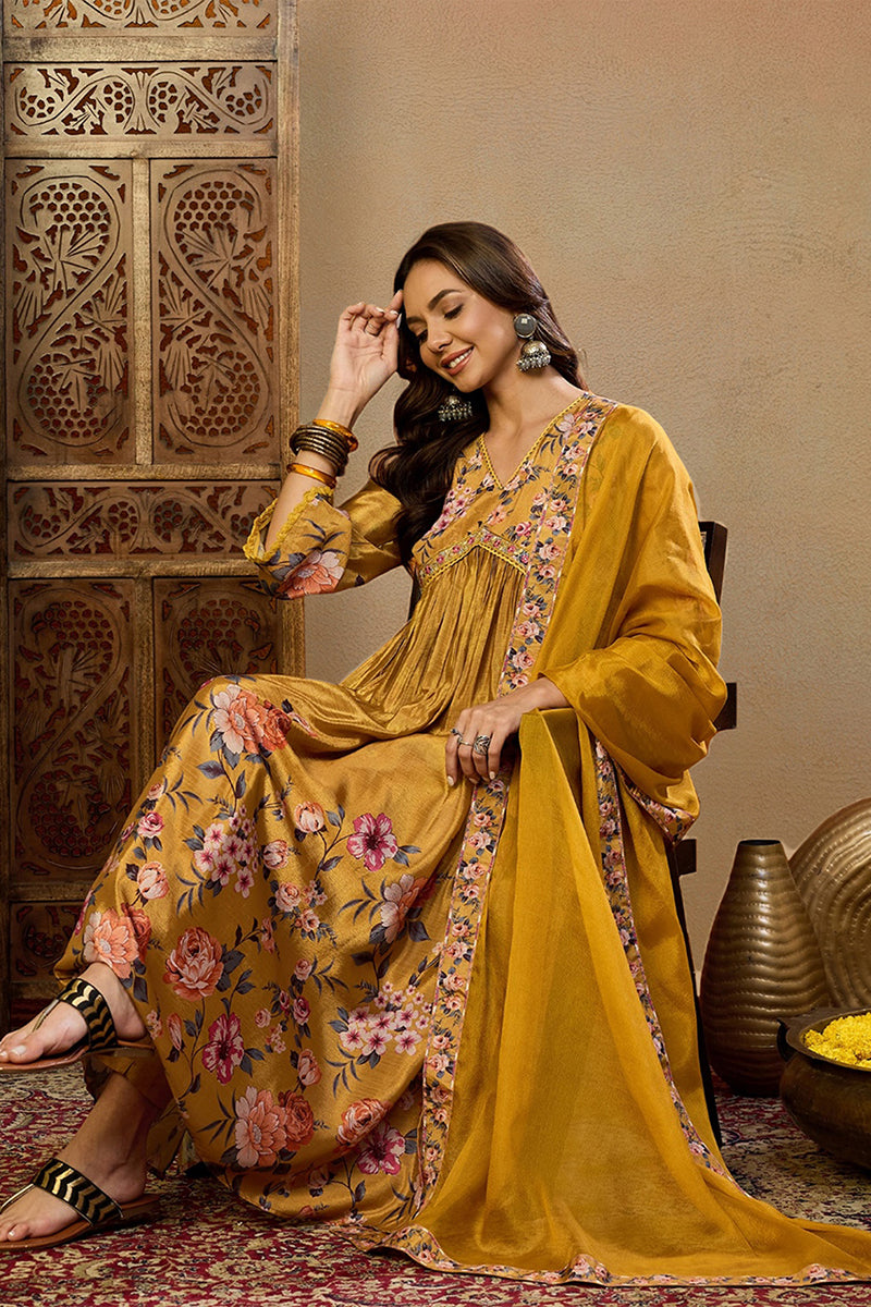 Mustard Yellow Silk Blend Floral Printed A-Line Suit Set PKSKD2383