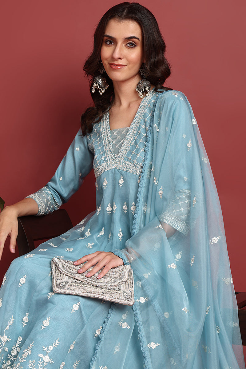 Blue Organza Solid Embroidered Anarkali Suit Set PKSKD2400