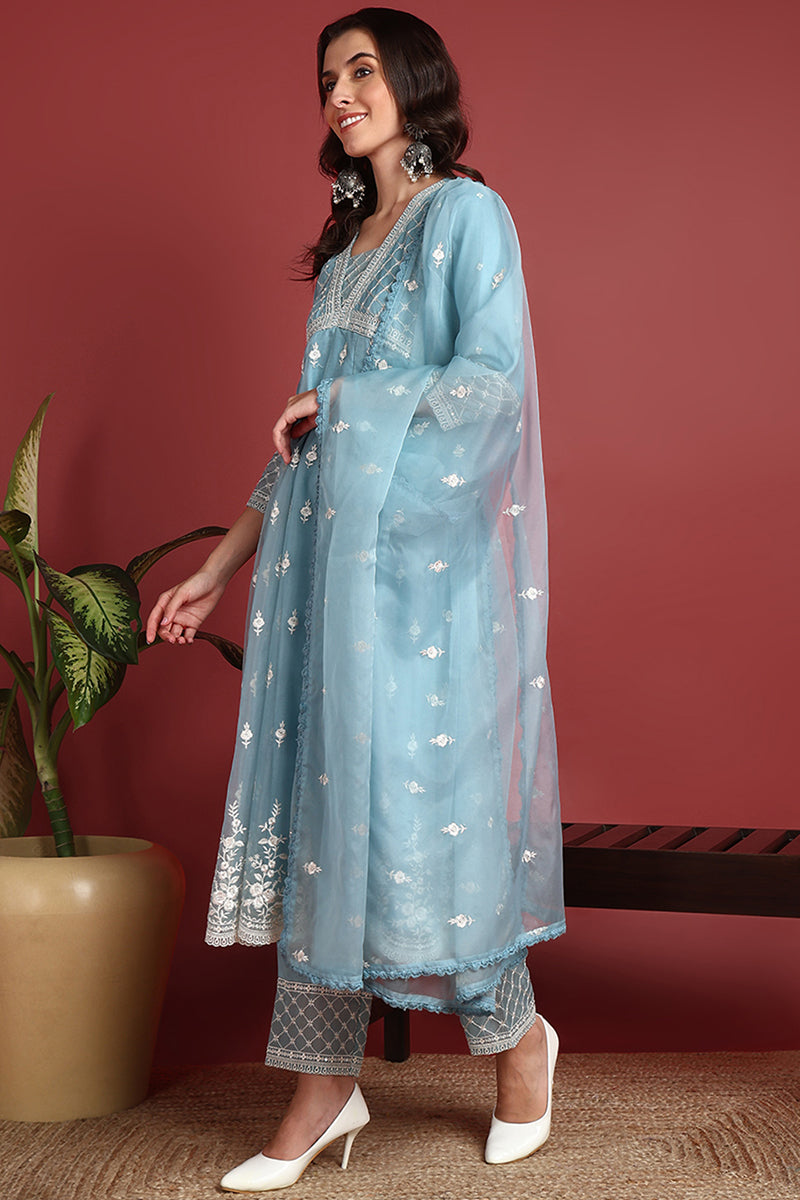 Blue Organza Solid Embroidered Anarkali Suit Set PKSKD2400