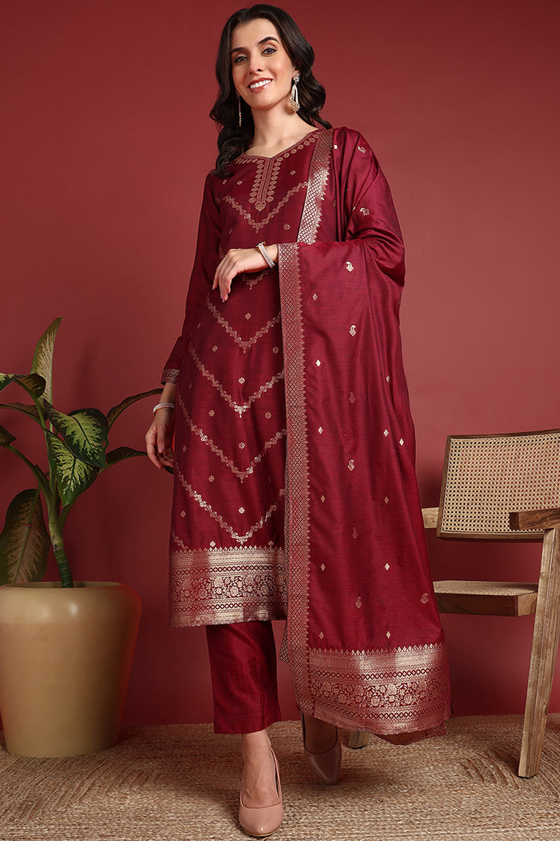 Maroon Silk Blend Ethnic Motifs Woven Design Straight Suit Set PKSKD24 Ahika