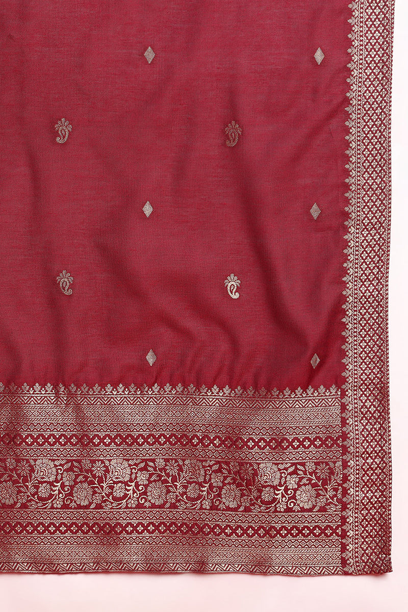 Maroon Silk Blend Ethnic Motifs Woven Design Straight Suit Set PKSKD2401