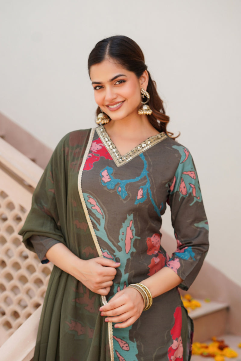 Olive Rayon Blend Floral Printed Straight Suit Set PKSKD2426