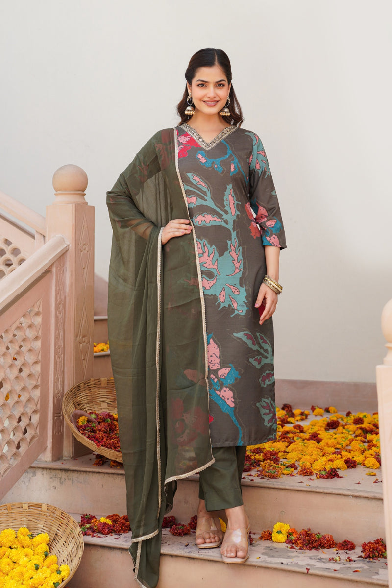 Olive Rayon Blend Floral Printed Straight Suit Set PKSKD2426