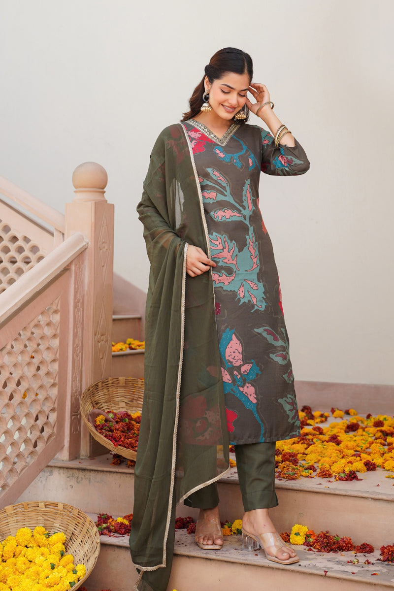 Olive Rayon Blend Floral Printed Straight Suit Set PKSKD2426